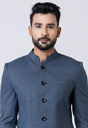 Woven Polyester Jodhpuri Suit in Dusty Blue