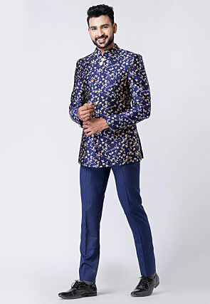 Woven Polyester Jodhpuri Suit in Navy Blue