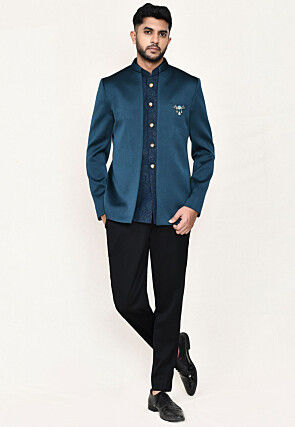 Woven Polyester Jodhpuri Suit in Teal Blue
