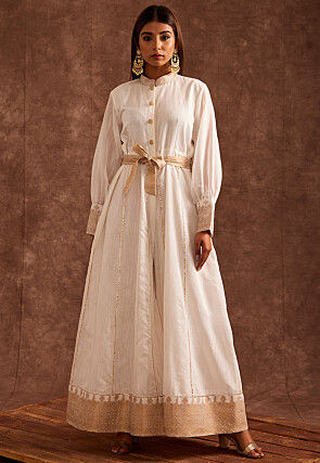 Woven Pure Banarasi Chanderi Cotton Jumpsuit in Off White