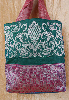 Pure Banarasi Silk Hand Bag in Teal Green and Maroon