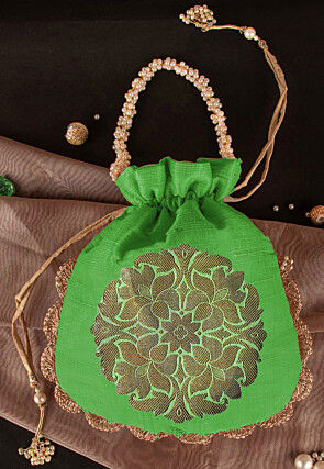 Woven Pure Banarasi Silk Potli Bag in Light Green