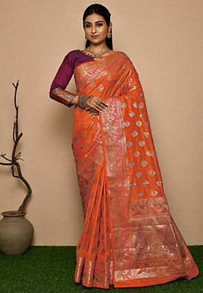 Woven Pure Banarasi Silk Saree in Orange