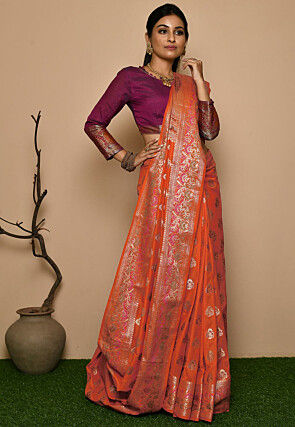 Woven Pure Banarasi Silk Saree in Orange
