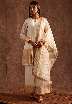 Woven Pure Chanderi Cotton Pakistani Suit in Off White