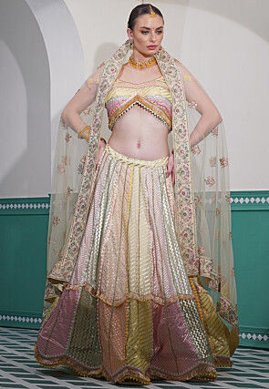 Woven Pure Chanderi Silk Jacquard Lehenga in Multicolor
