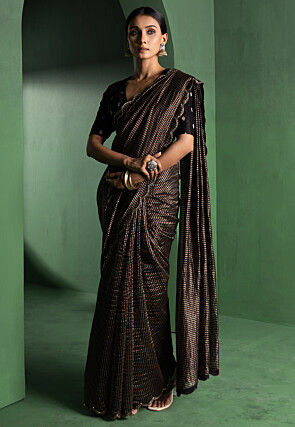 Woven Pure Chanderi Silk Scalloped Saree in Black