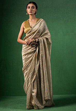 Woven Pure Chanderi Silk Scalloped Saree in Light Beige