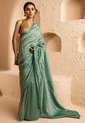 Woven Pure Chanderi Silk Scalloped Saree in Light Green