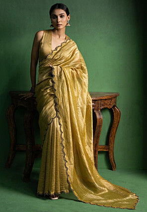 Woven Pure Chanderi Silk Scalloped Saree in Mustard