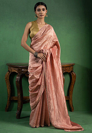 Woven Pure Chanderi Silk Scalloped Saree in Pink