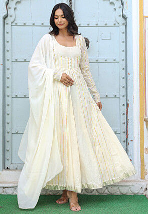 Woven Pure Cotton Abaya Style Suit in Cream
