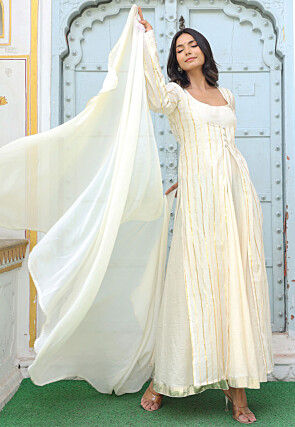 Woven Pure Cotton Abaya Style Suit in Cream