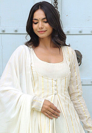 Woven Pure Cotton Abaya Style Suit in Cream