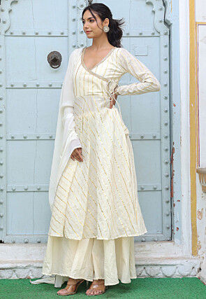 Woven Pure Cotton Angarakha Style Aline Suit in Cream