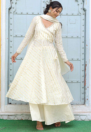Woven Pure Cotton Angarakha Style Aline Suit in Cream