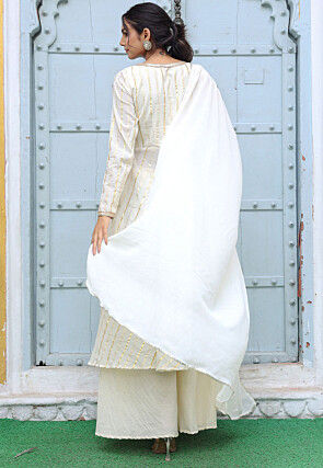 Woven Pure Cotton Angarakha Style Aline Suit in Cream