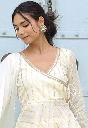 Woven Pure Cotton Angarakha Style Aline Suit in Cream