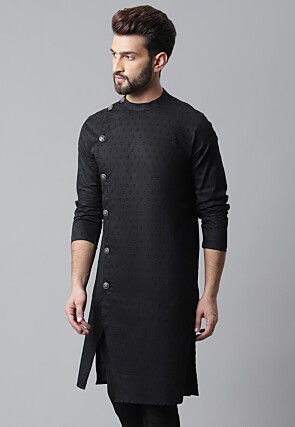 Woven Pure Cotton Dobby Kurta in Black
