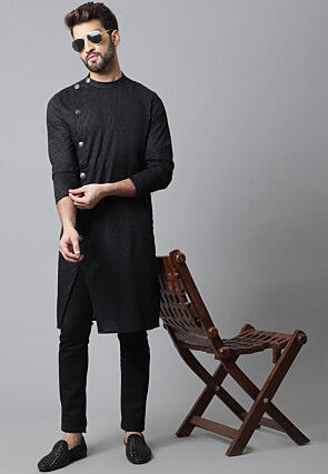 Woven Pure Cotton Dobby Kurta in Black