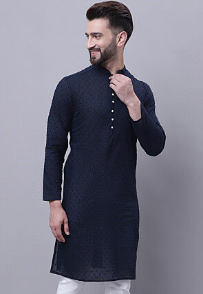 Woven Pure Cotton Dobby Kurta in Navy Blue