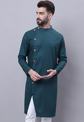 Woven Pure Cotton Dobby Kurta in Teal Blue