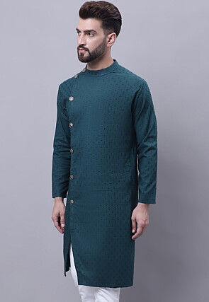 Woven Pure Cotton Dobby Kurta in Teal Blue