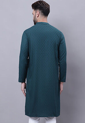 Woven Pure Cotton Dobby Kurta in Teal Blue