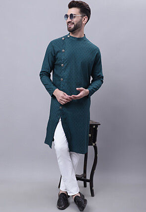 Woven Pure Cotton Dobby Kurta in Teal Blue