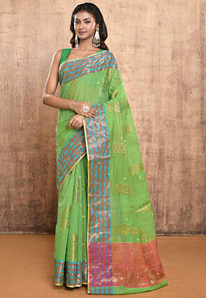 Woven Pure Cotton Handloom Saree in Green