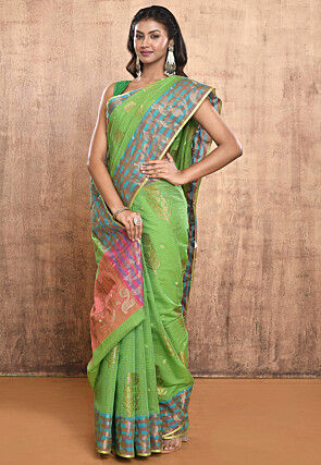 Woven Pure Cotton Handloom Saree in Green