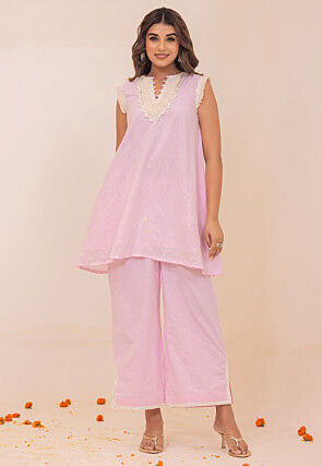 Woven Pure Cotton Jacquard A Line Kurti Set in Baby Pink