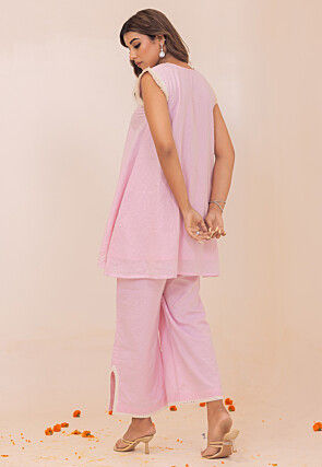 Woven Pure Cotton Jacquard A Line Kurti Set in Baby Pink