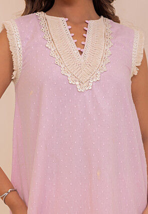 Woven Pure Cotton Jacquard A Line Kurti Set in Baby Pink