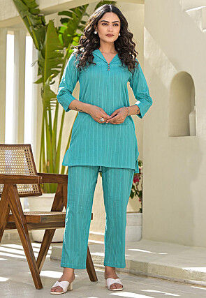 Woven Pure Cotton Jacquard Co Ord Set in Teal Blue
