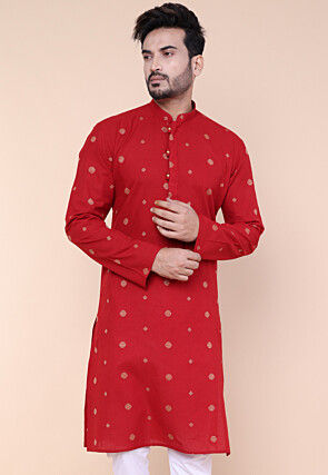 Woven Pure Cotton Jacquard Kurta in Maroon