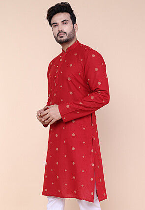 Woven Pure Cotton Jacquard Kurta in Maroon