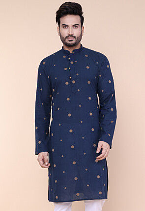 Woven Pure Cotton Jacquard Kurta in Navy Blue