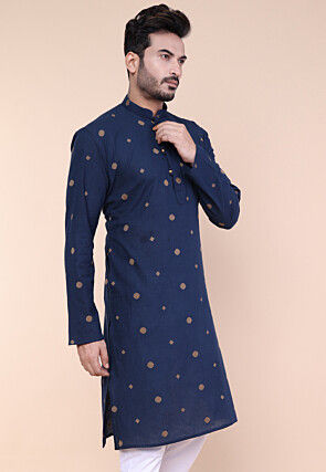 Woven Pure Cotton Jacquard Kurta in Navy Blue