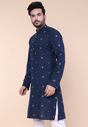 Woven Pure Cotton Jacquard Kurta in Navy Blue