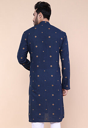 Woven Pure Cotton Jacquard Kurta in Navy Blue