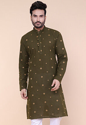 Woven Pure Cotton Jacquard Kurta in Olive Green
