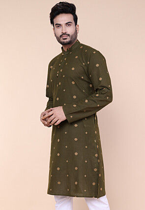 Woven Pure Cotton Jacquard Kurta in Olive Green