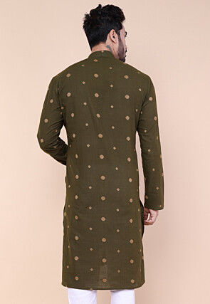 Woven Pure Cotton Jacquard Kurta in Olive Green