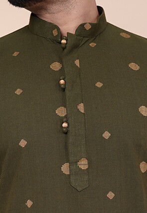 Woven Pure Cotton Jacquard Kurta in Olive Green