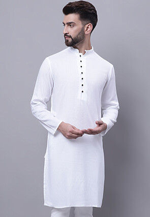 Woven Pure Cotton Jacquard Kurta in White
