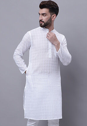 Woven Pure Cotton Jacquard Kurta in White