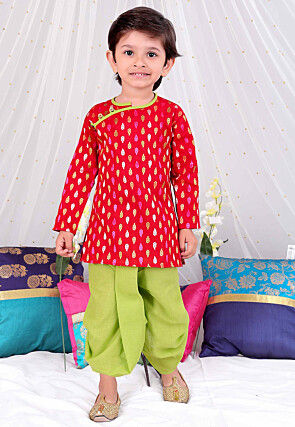 Woven Pure Cotton Jacquard Kurta Set in Red