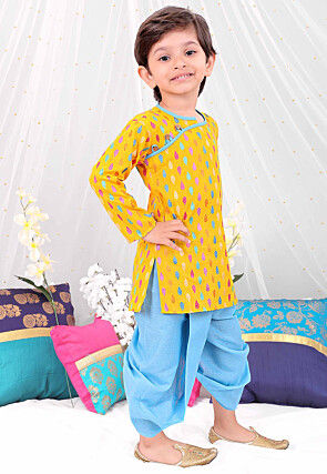 Woven Pure Cotton Jacquard Kurta Set in Yellow