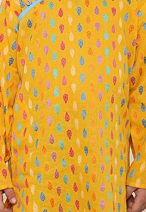 Woven Pure Cotton Jacquard Kurta Set in Yellow